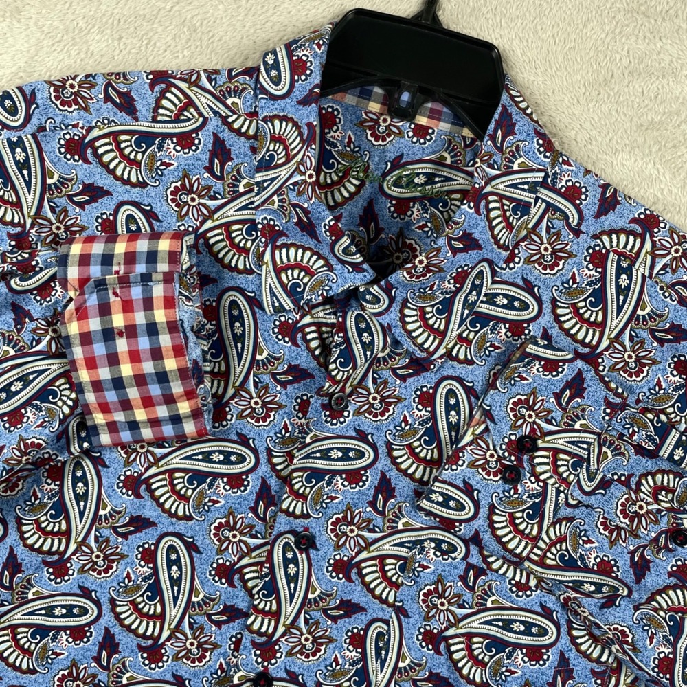 Alan Flusser Shirt Mens 2XL Blue Paisley Flip Cuff Long Sleeve Button Up